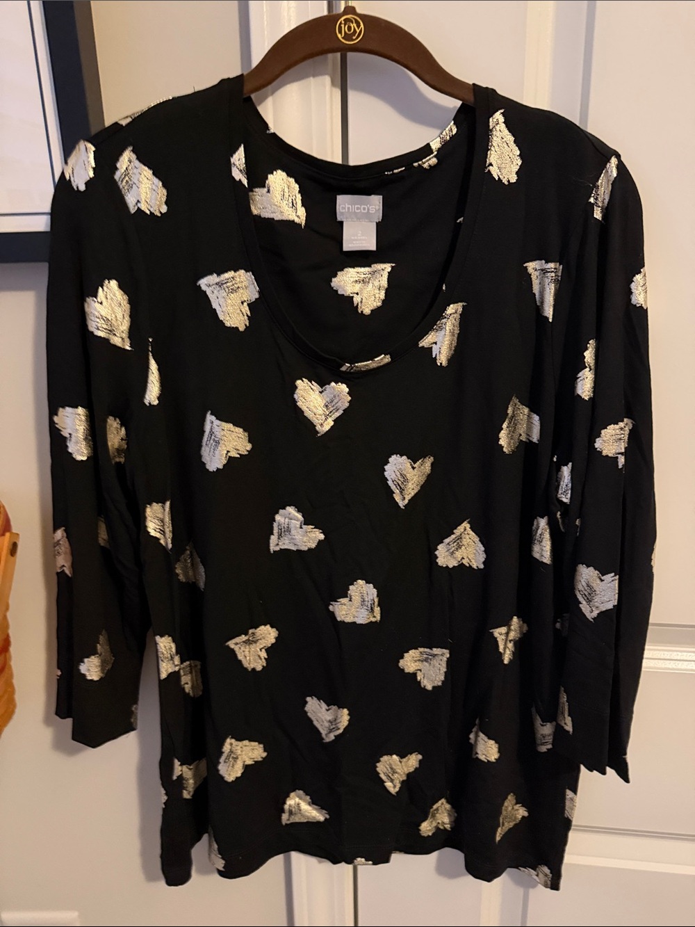 Chico's Black 3/4 Sleeve Top with Metallic Gold Heart Accents